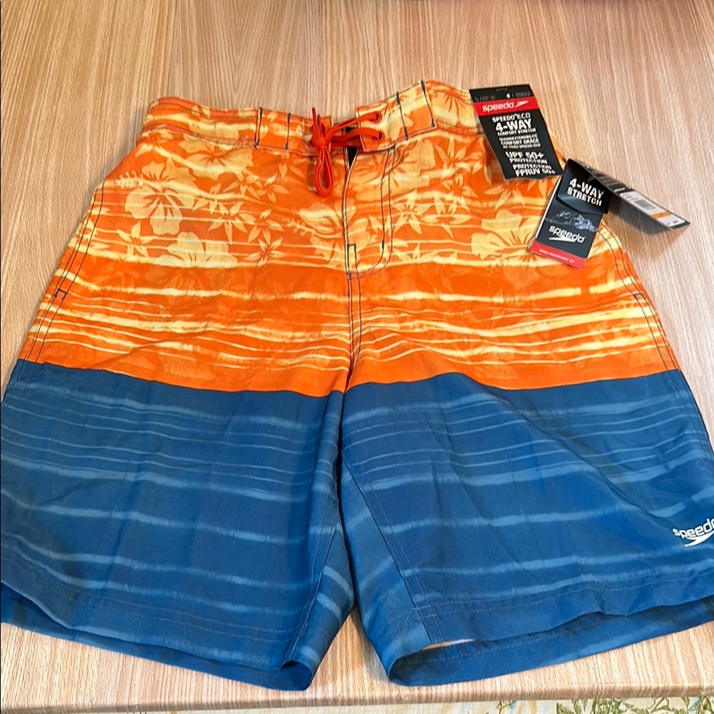 Speedo Orange and Blue Board Shorts with Geometric Design